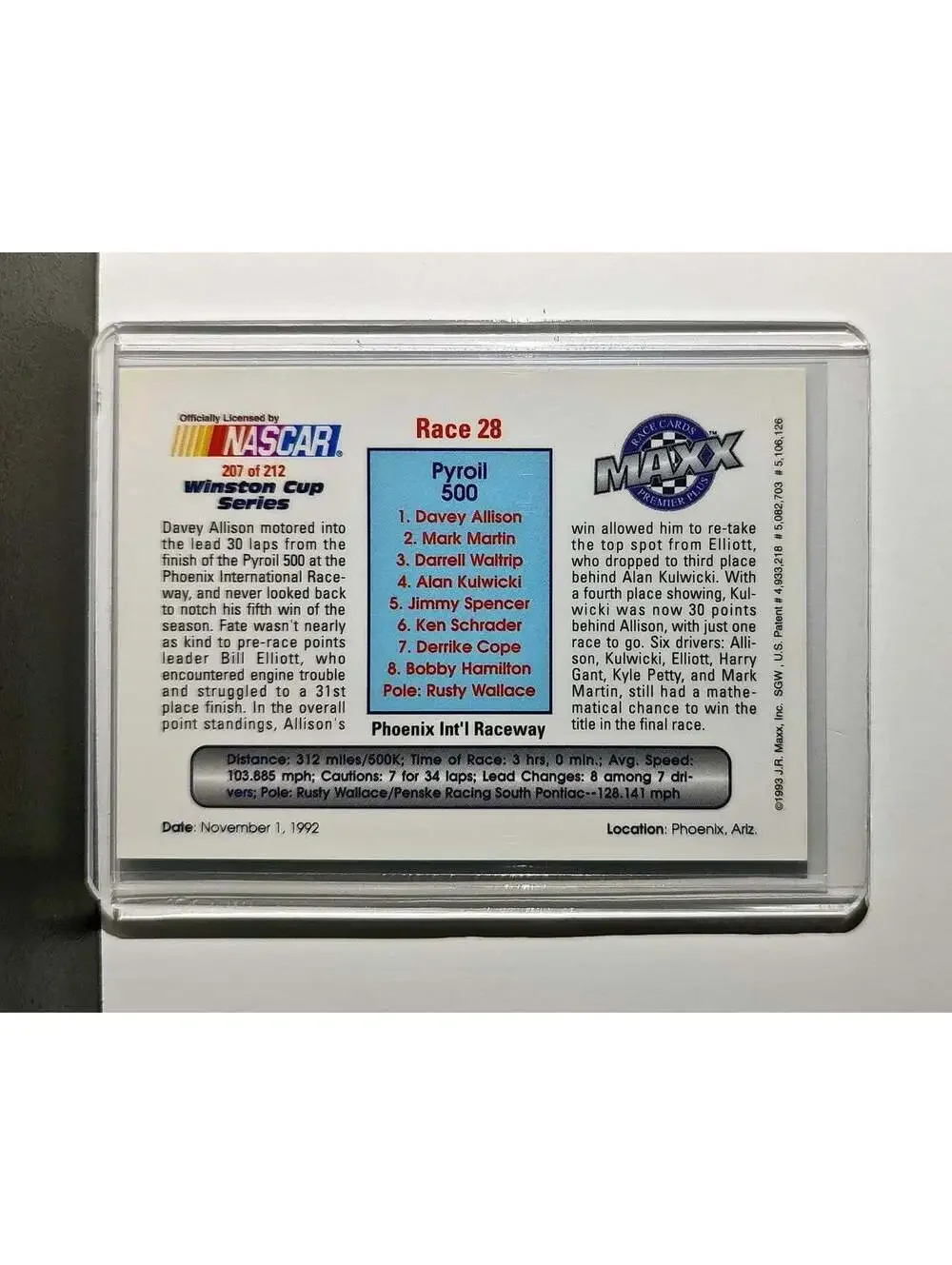 Race 28 Phoenix YR 1993 Maxx Premier Plus Racing #207 NASCAR Card Robert Yates